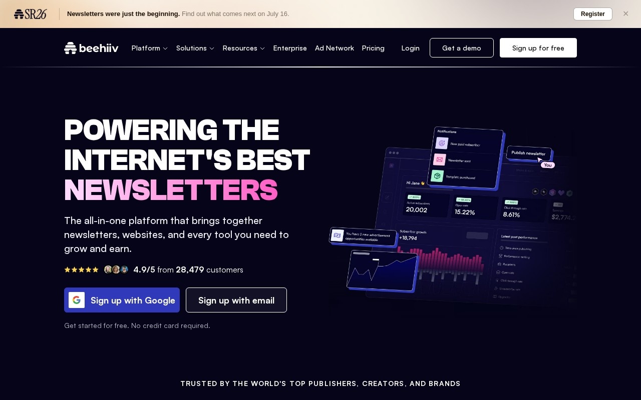 Screenshot of the beehiiv website