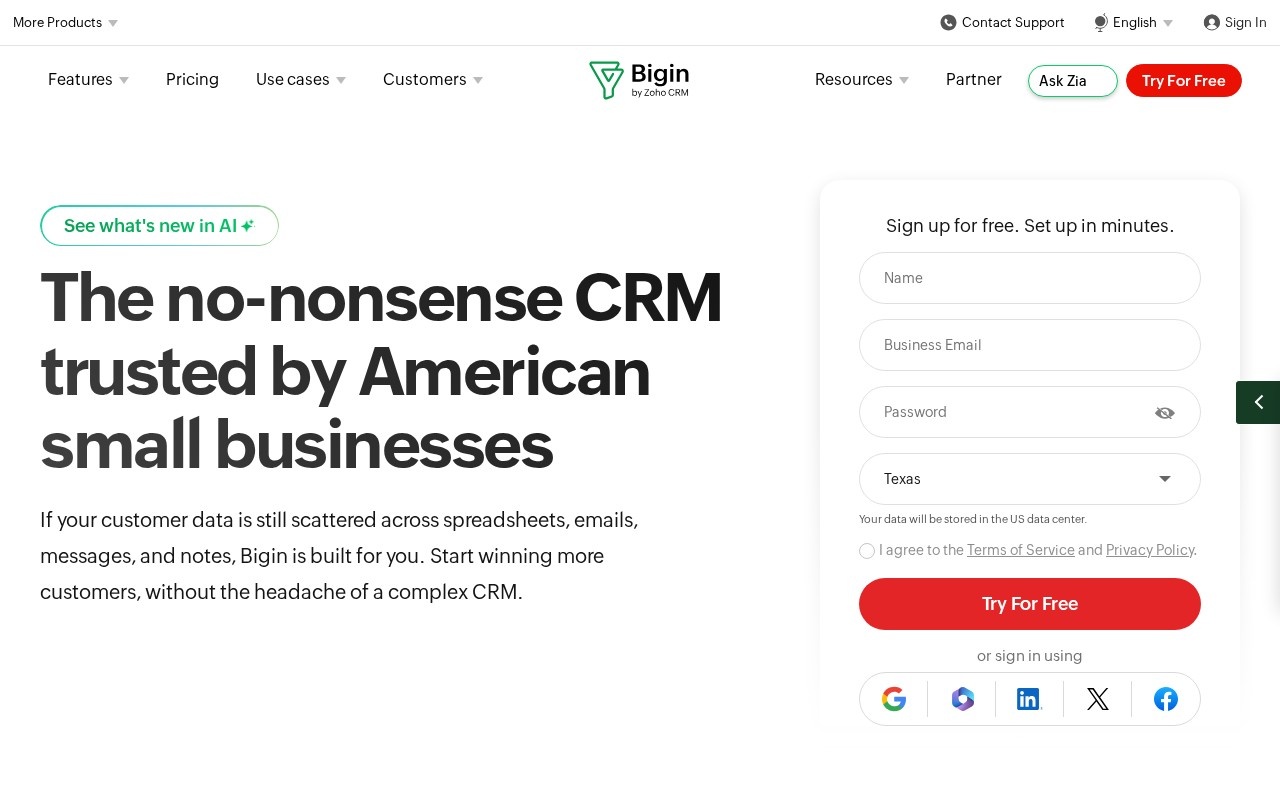 Screenshot of the Bigin by Zoho CRM website