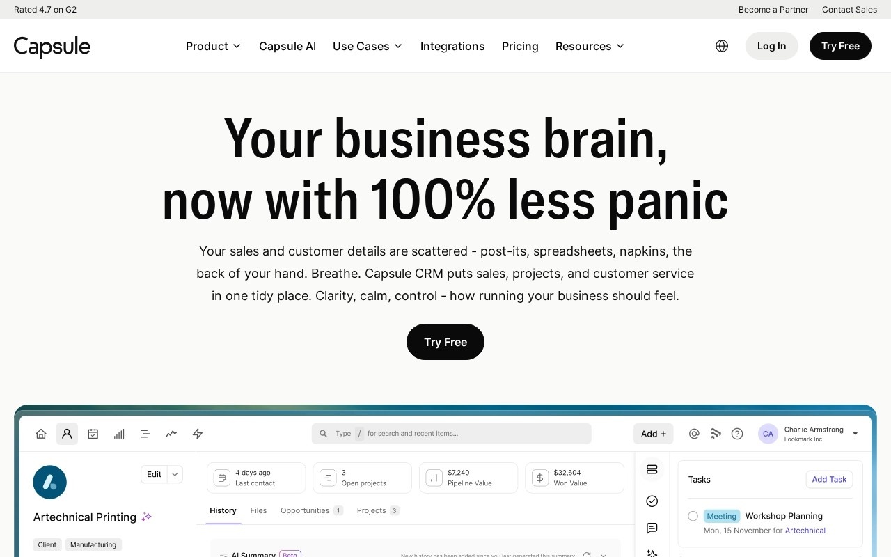 Screenshot of the Capsule CRM website