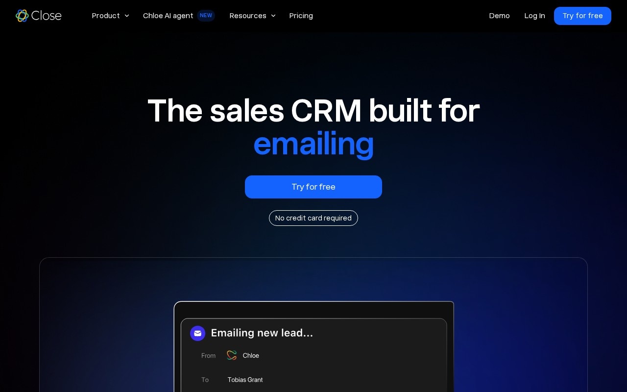 Screenshot of the Close website