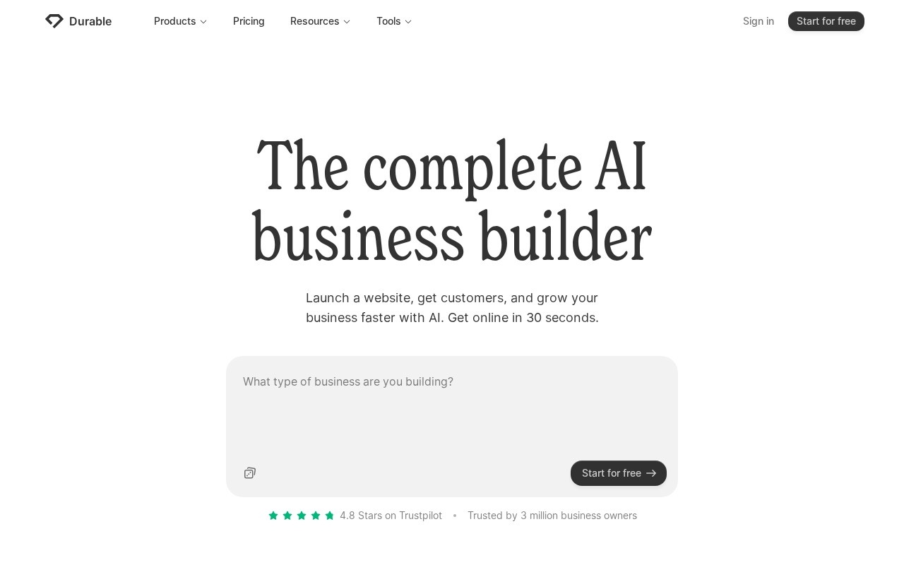Screenshot of the Durable website