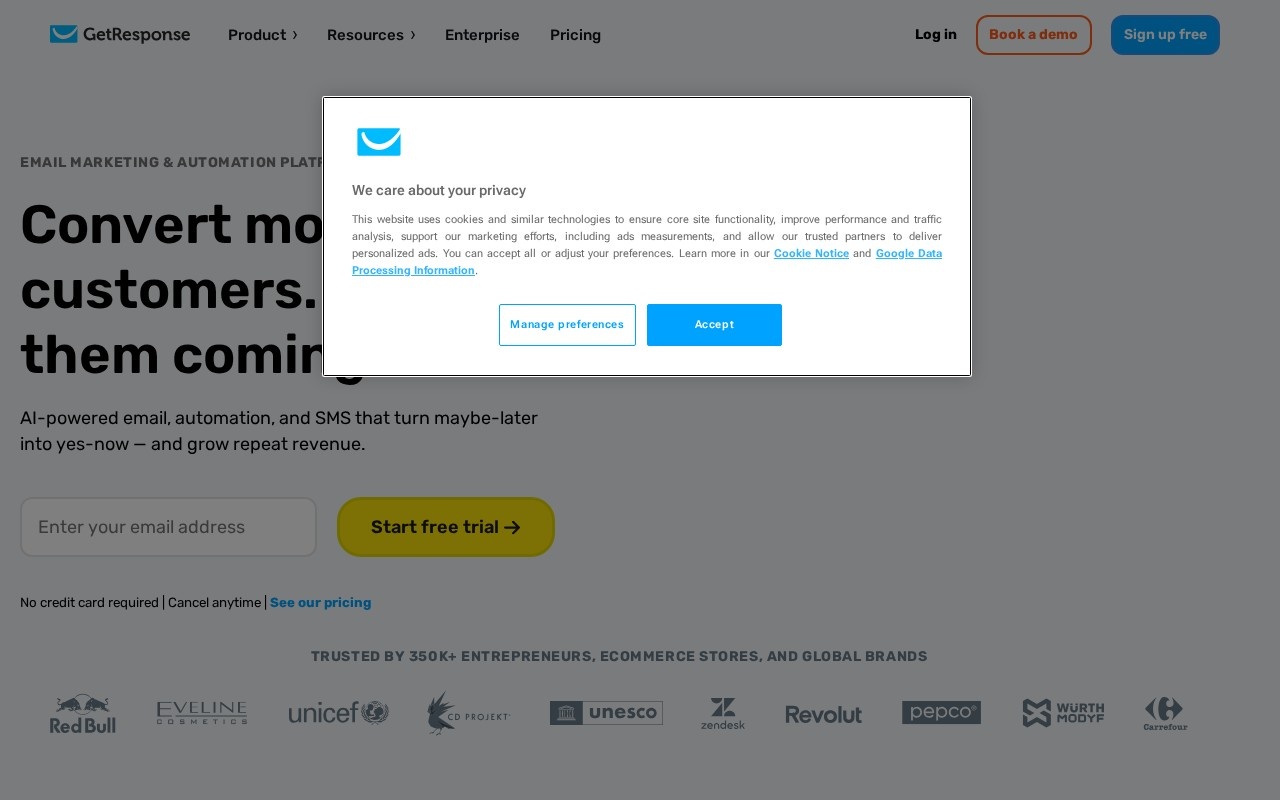 Screenshot of the GetResponse website