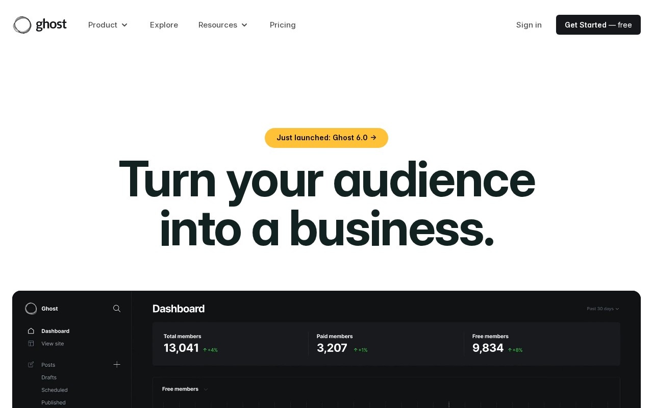 Screenshot of the Ghost website