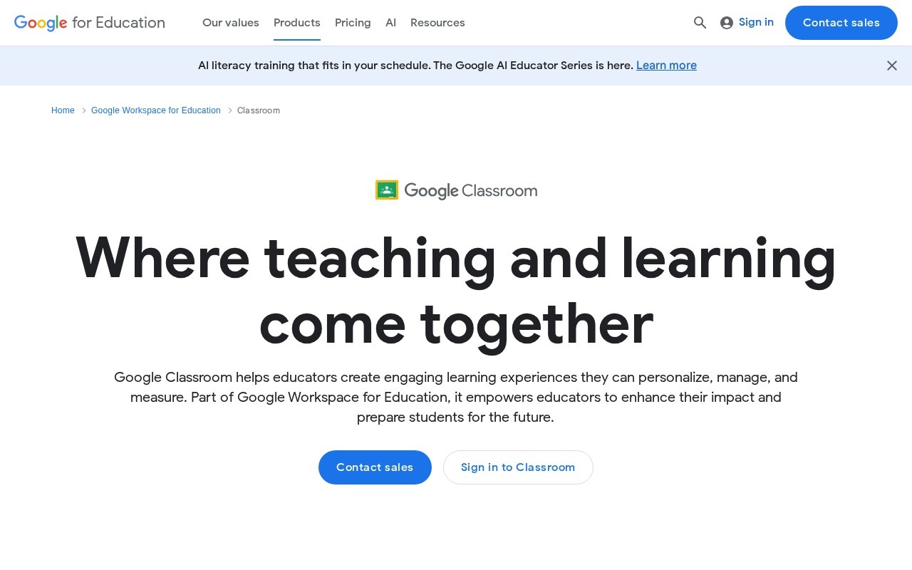 Screenshot of the Google Classroom website