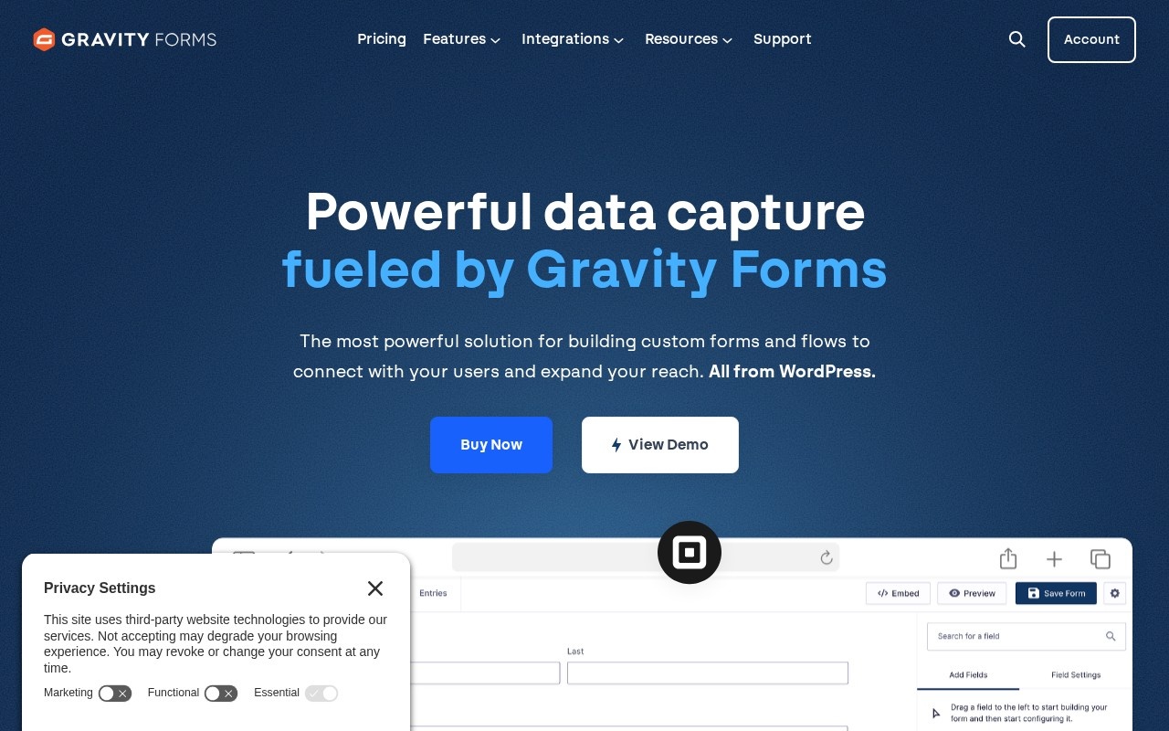 Screenshot of the Gravity Forms website