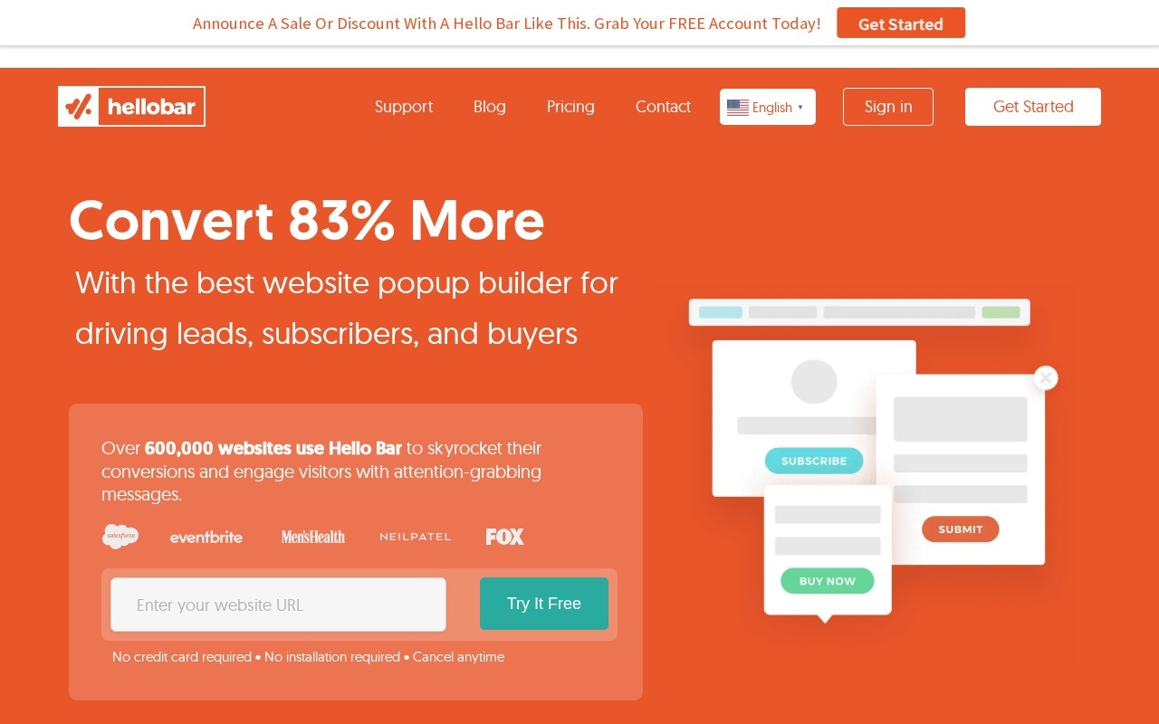 Screenshot of the Hello Bar website