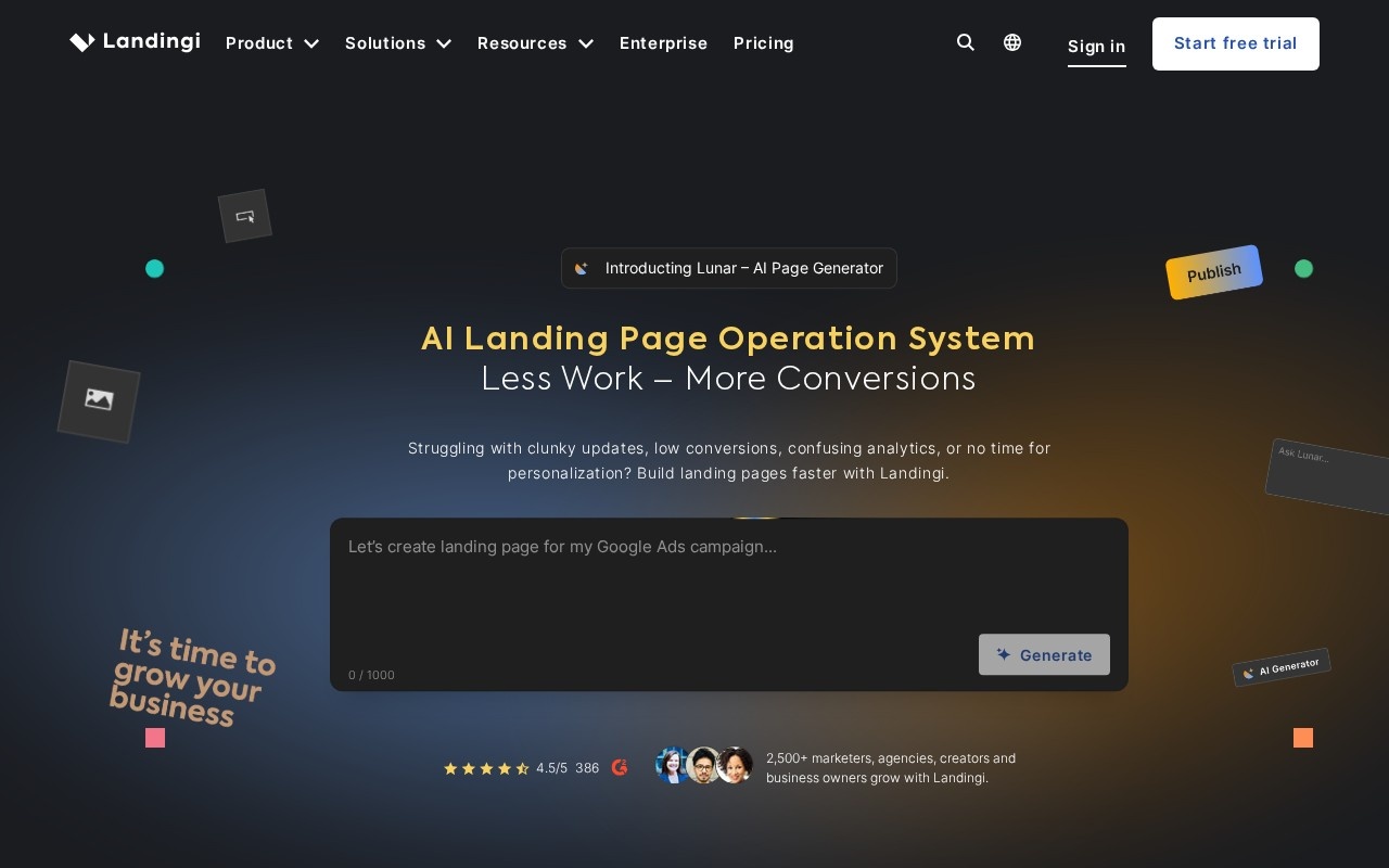 Screenshot of the Landingi website