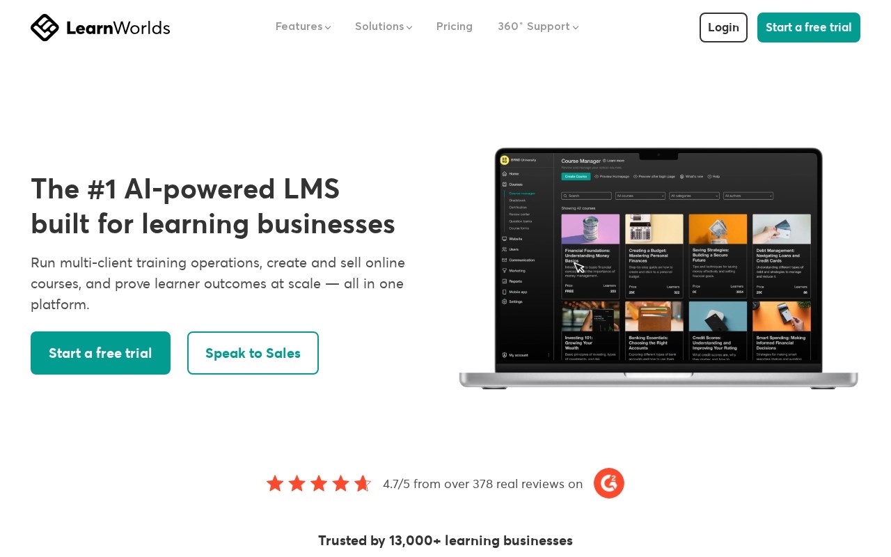 Screenshot of the LearnWorlds website