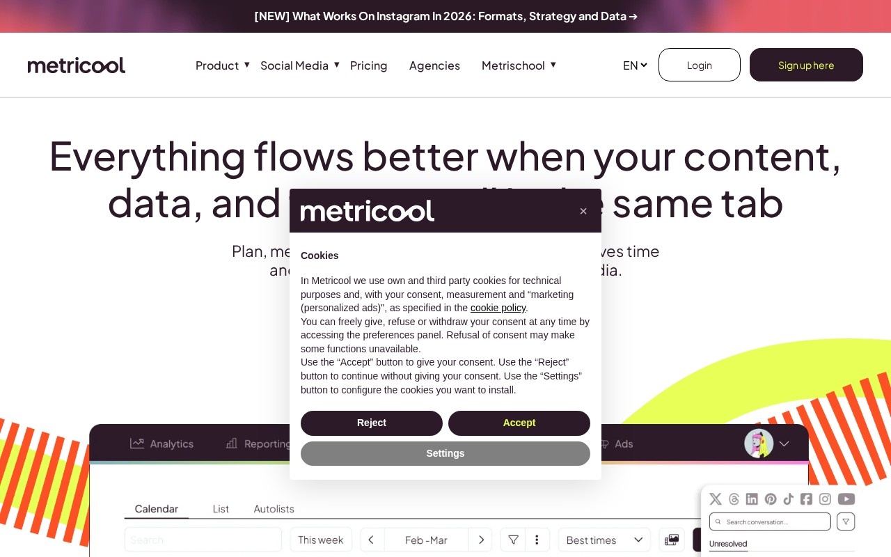 Screenshot of the Metricool website