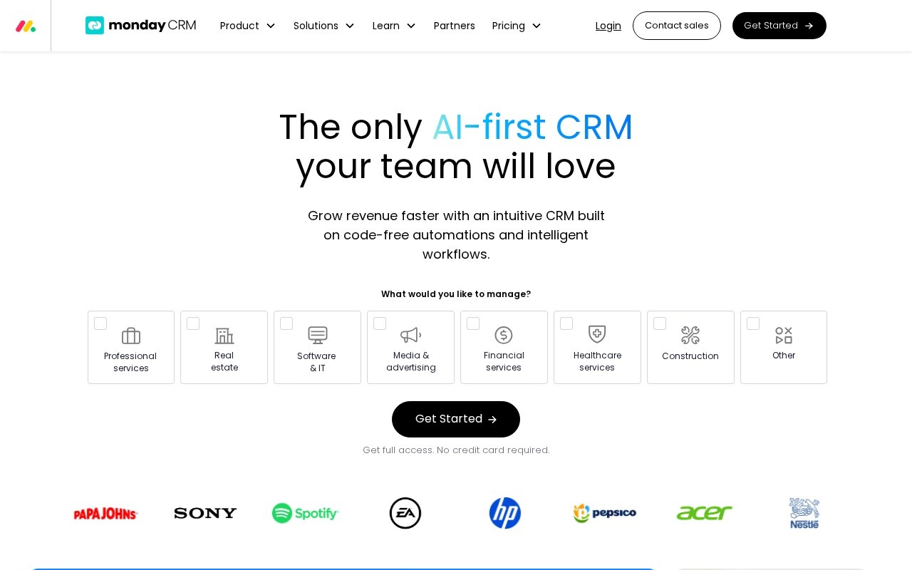 Screenshot of the monday Sales CRM website