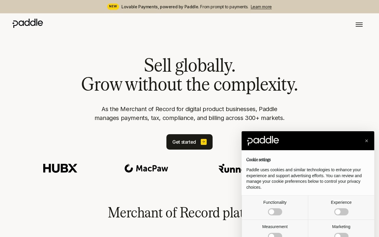 Screenshot of the Paddle website