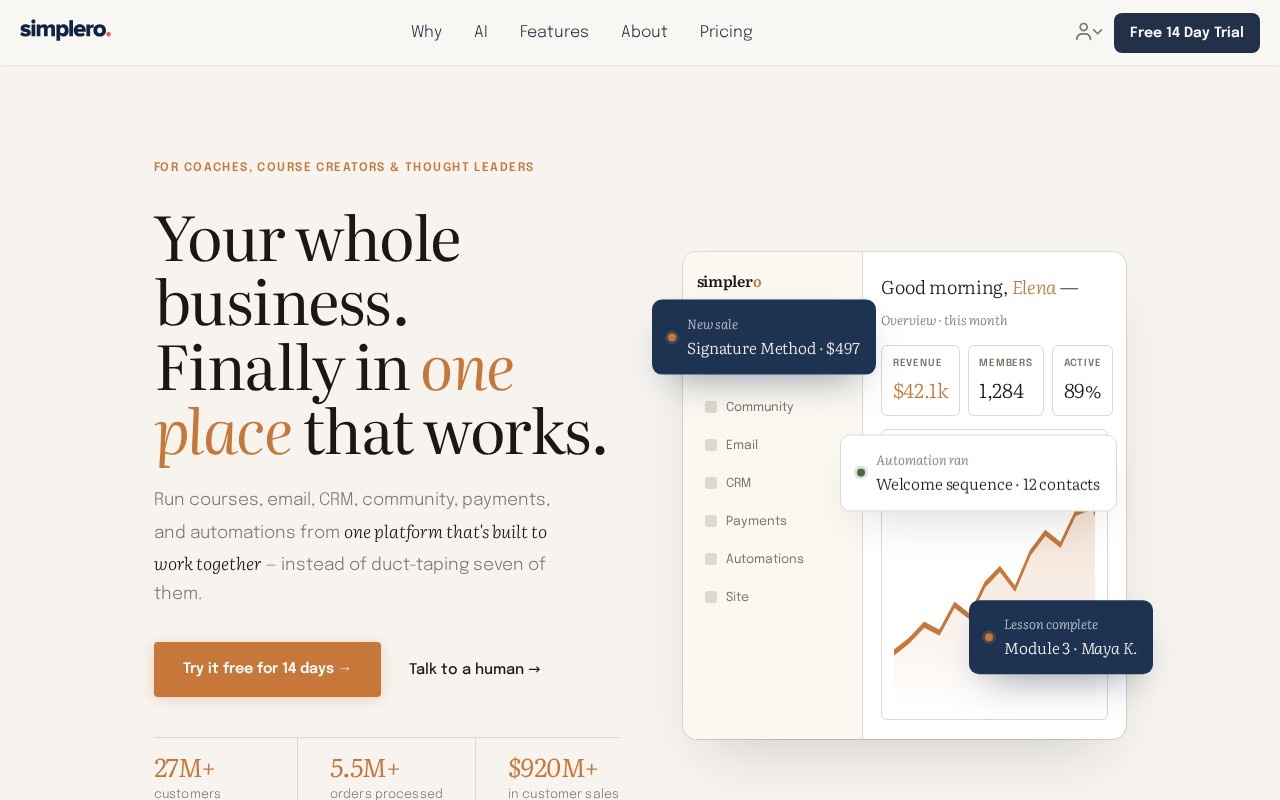 Screenshot of the Simplero website