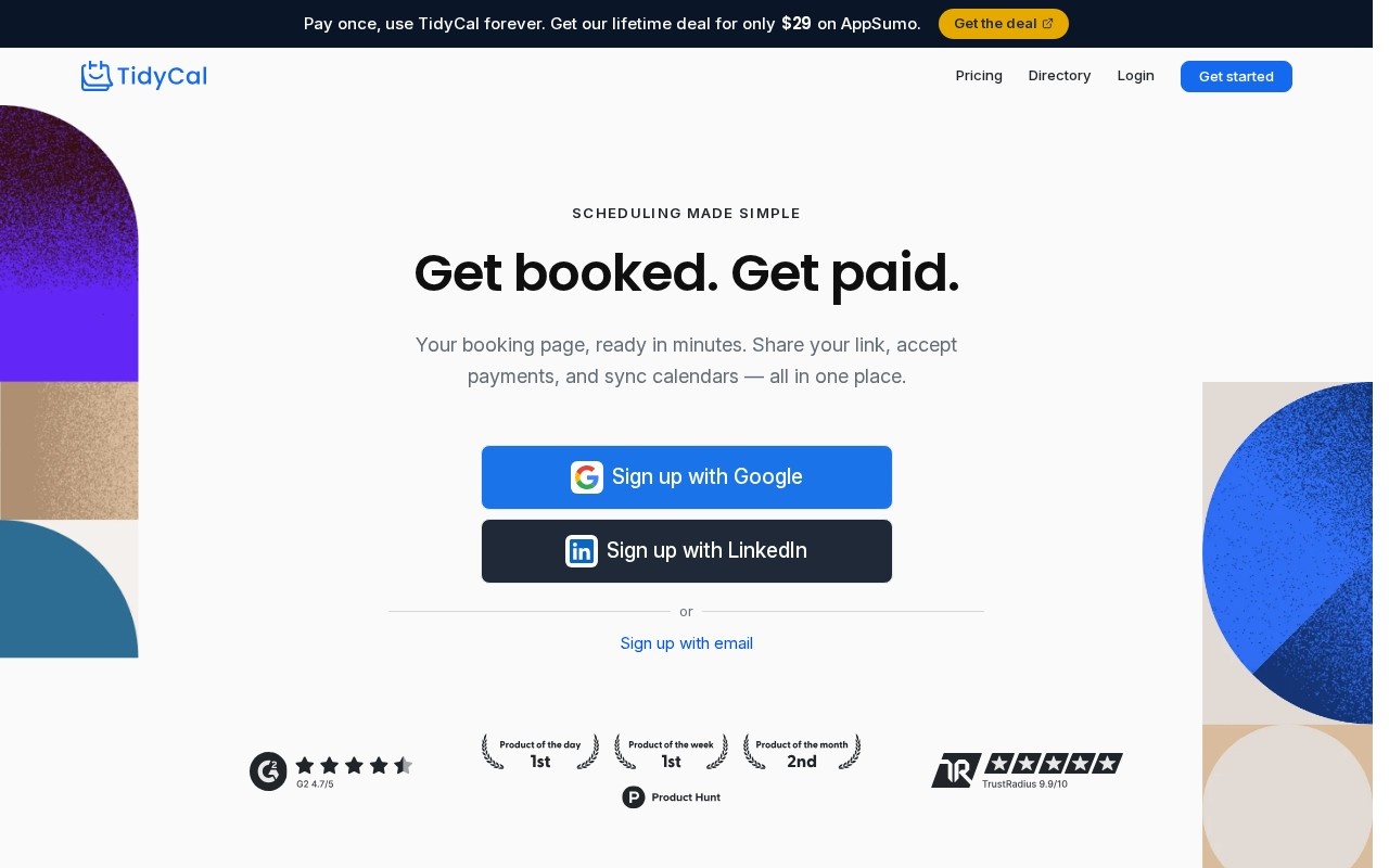 Screenshot of the TidyCal website