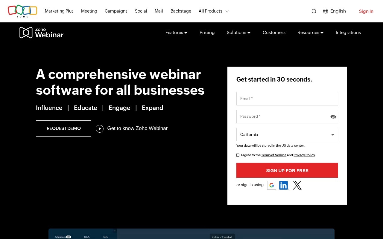 Screenshot of the Zoho Webinar website